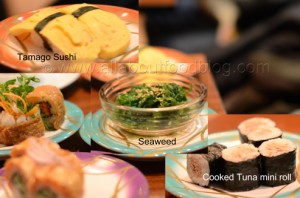 Tamago sushi, seaweed, cooked tuna mini roll