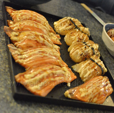 Aburi Salmon and Scallops sushi