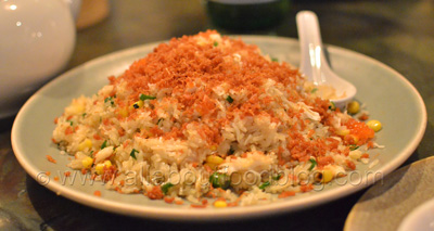 King crab and sweetcorn fried rice, trout roe and crispy conpoy - $29