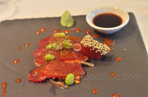 Spicy Tuna Sashimi – Spicy Miso Marinated Fresh Sashimi Tuna, Mixed Beans, Herbed Salad