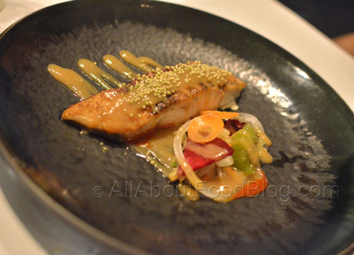 Barramundi – Steamed Saltwater Barramundi, Herbed Salad, Plum and Chilli Miso