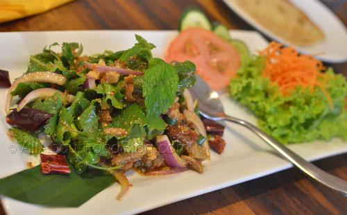 Larb Bhet – Minced baked boneless duck sprinkled with lemon juice and just a touch of chilli, garnished with mint leaves - $16.90