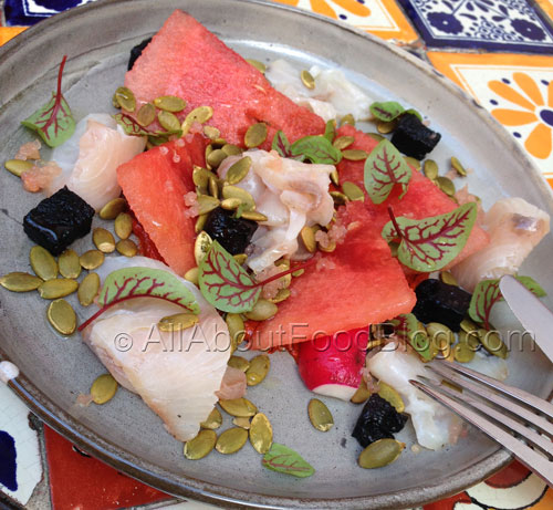 Ceviche de pez real – kingfish ceviche, achiote, watermelon, radish & finger lime - $16