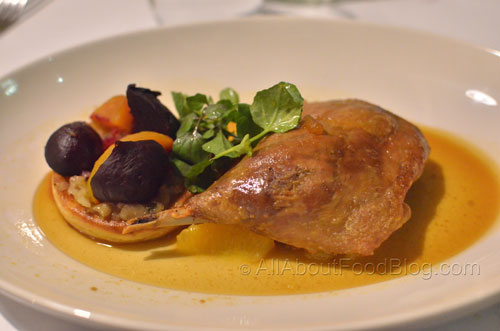 Free range duck confit with beetroot and eschallot tart tatin and Seville orange marmalade sauce - $39