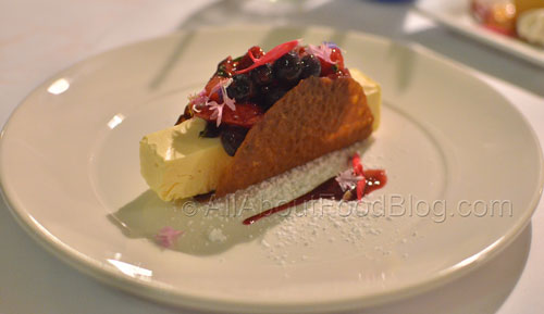 Brandy snap “taco”, lime and mascarpone parfait and spring berries - $16