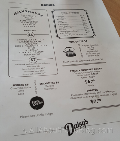 Daisy's Milkbar Menu