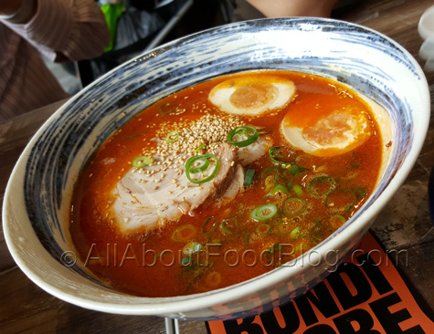 Ramen in spicy hot flavoured soup with roast pork, egg and shallots – $13.50